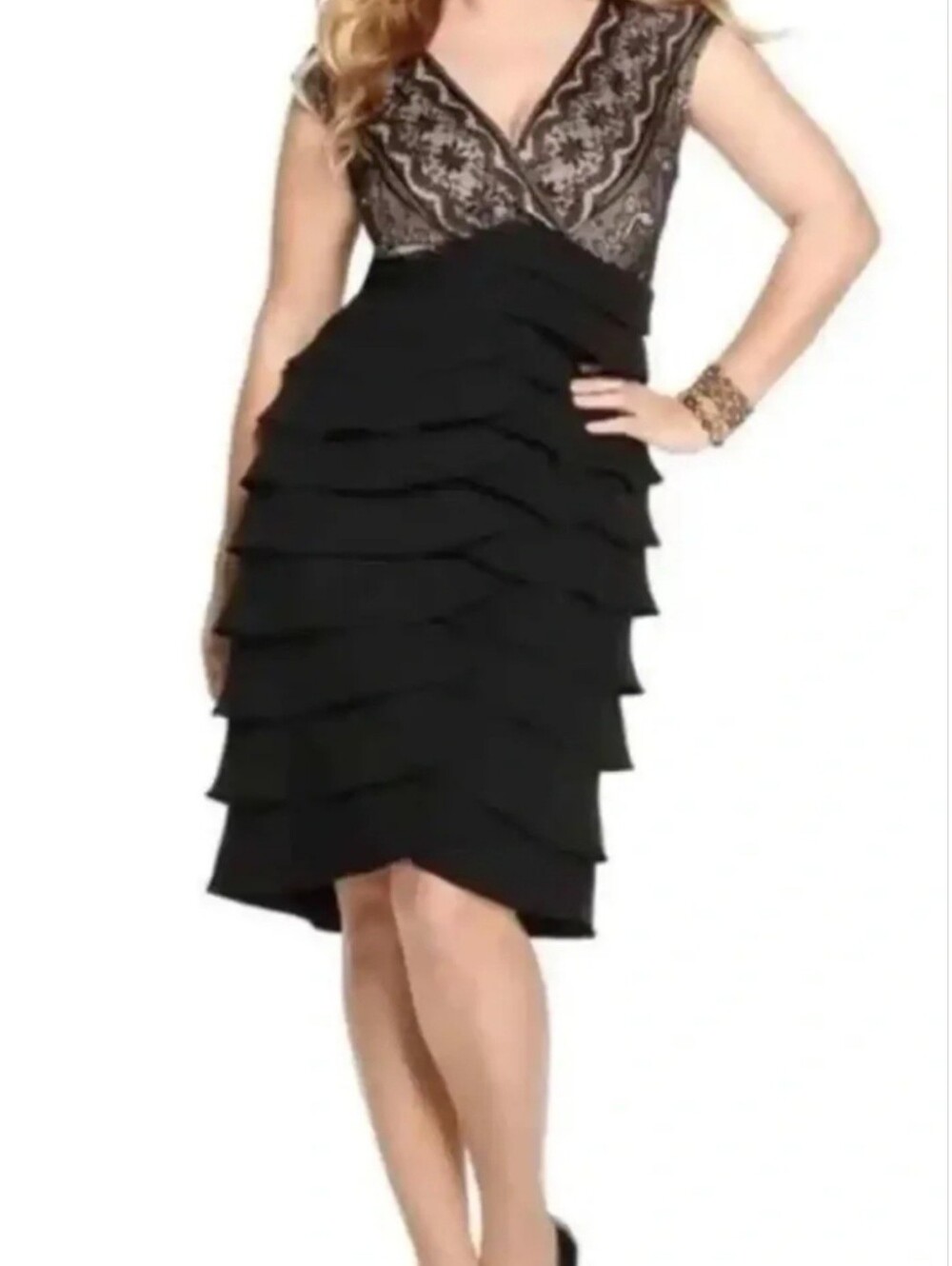 Jessica Howard Black Lace Bodice Artichoke Tiered Skirt Dress Sz 16W